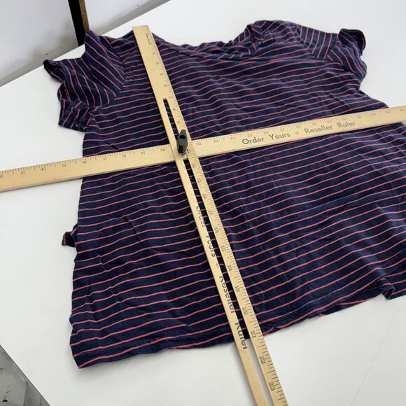 J by Anthropologie Shirt Womens Medium Navy Stripe Peplum Ruffle Short Sleeve - Picture 7 of 8